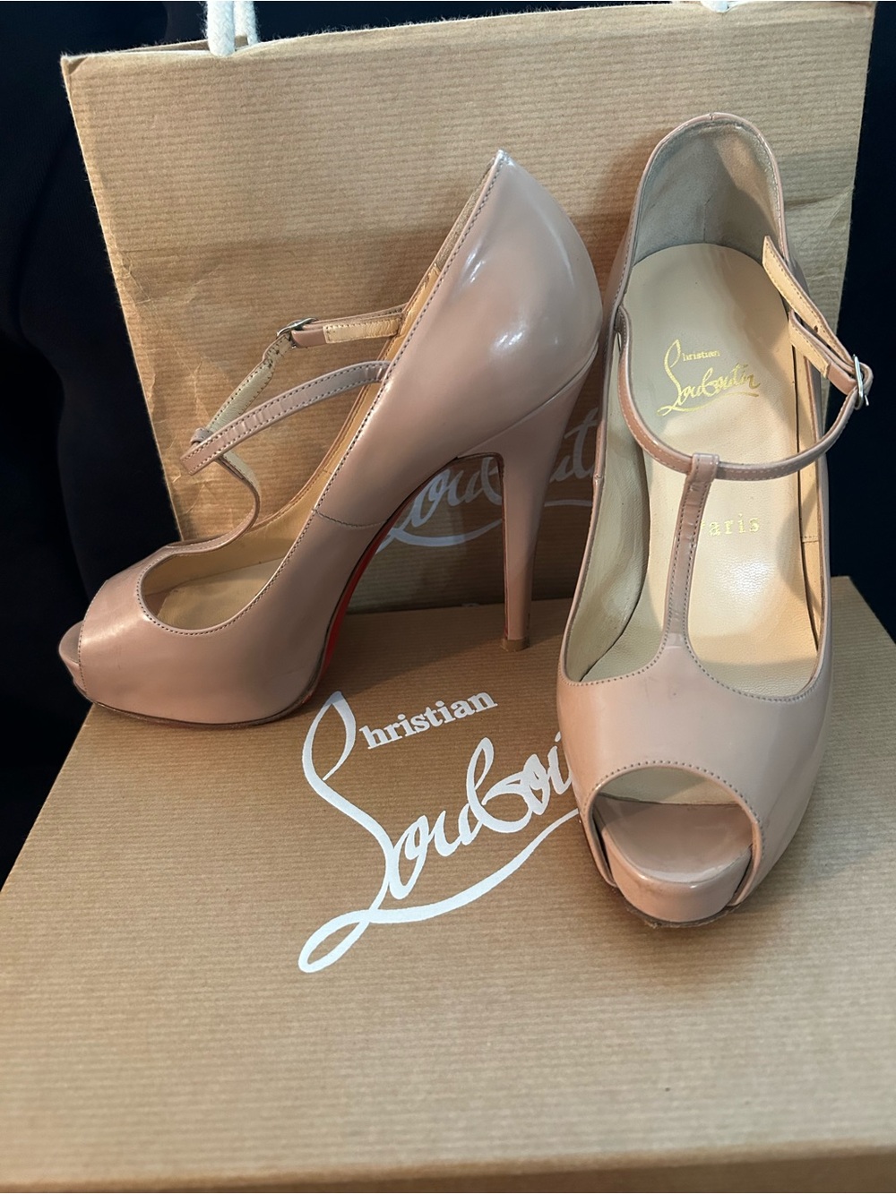 Christian Louboutin Nude Patent T-Strap Peep-Toe Heels